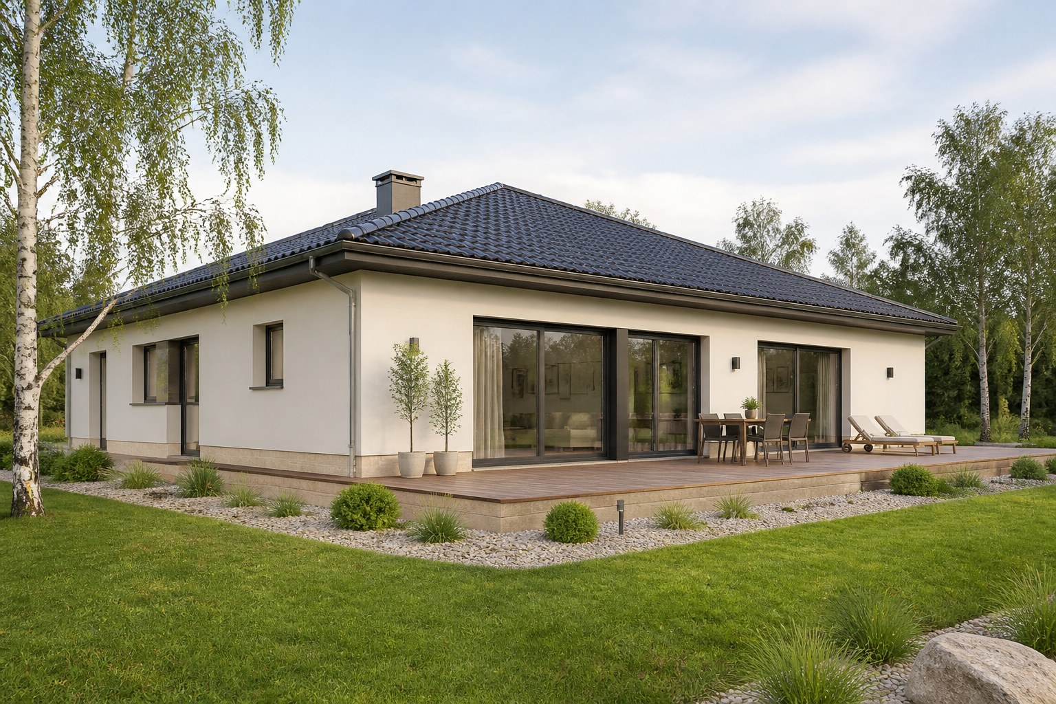 Petra — casă parter compactă în L cu garaj dublu