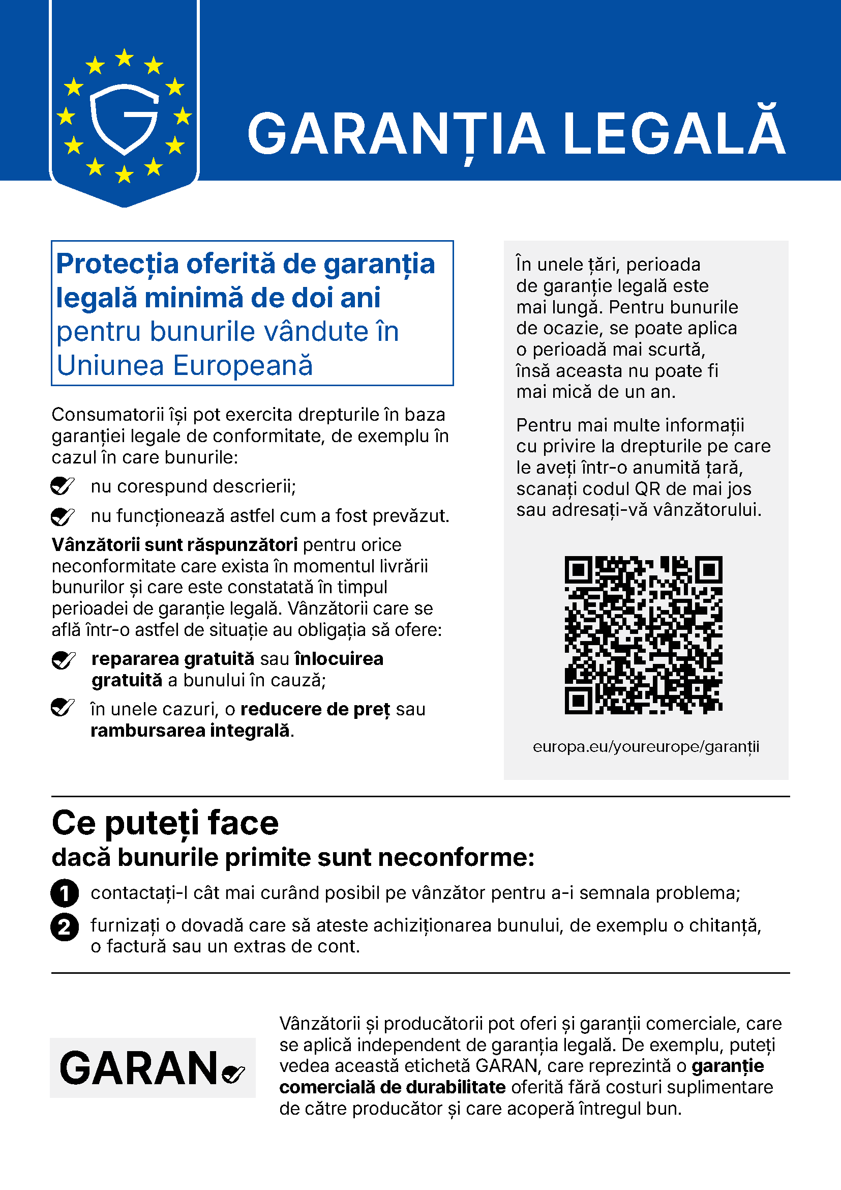 Garanția legală: notificarea armonizată a Uniunii Europene privind garanția legală de conformitate de minimum doi ani pentru bunurile vândute în Uniunea Europeană